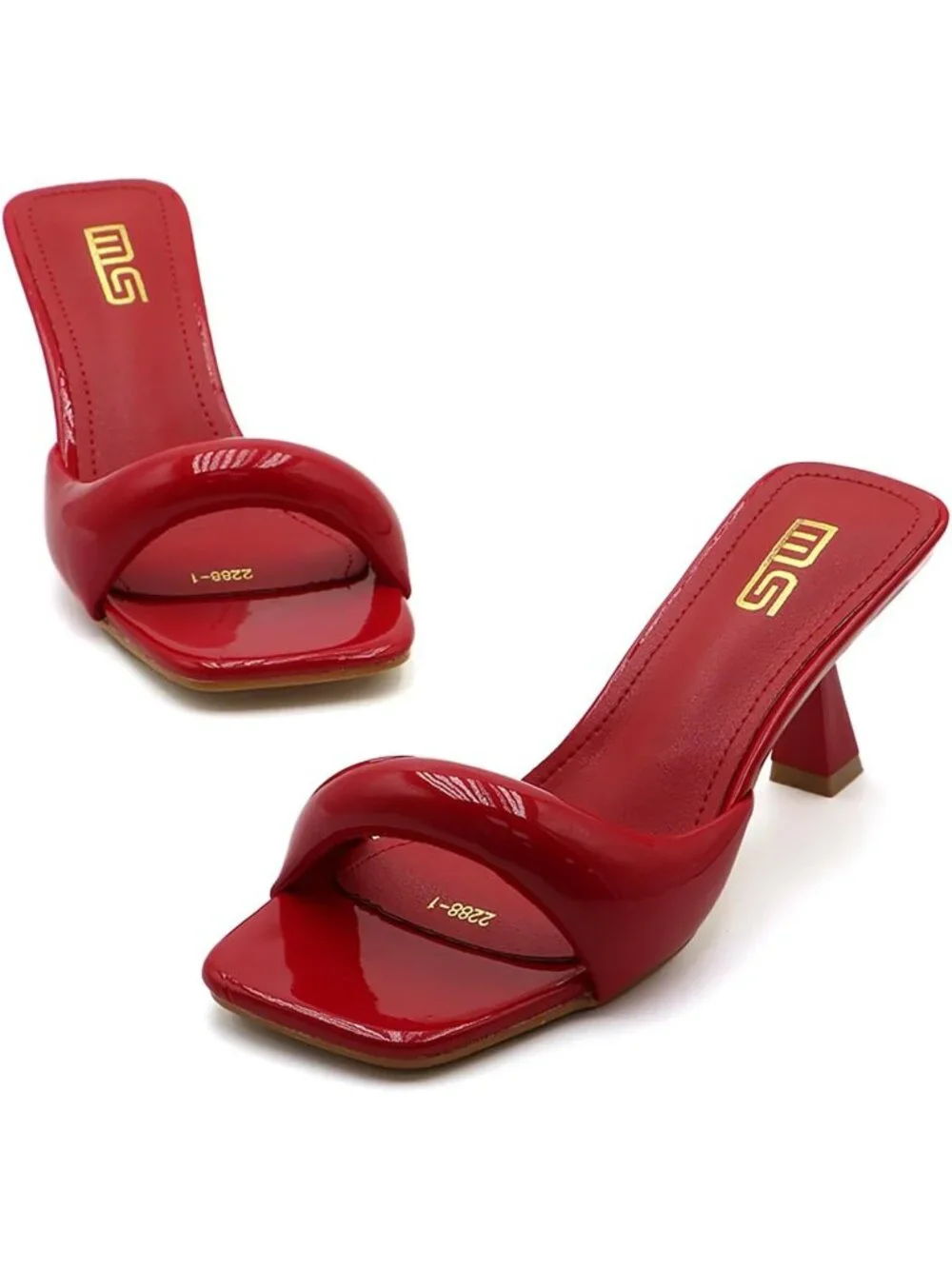 Women's Red Leather One Band Square Open Toe Fashion Backless Heel Sandals